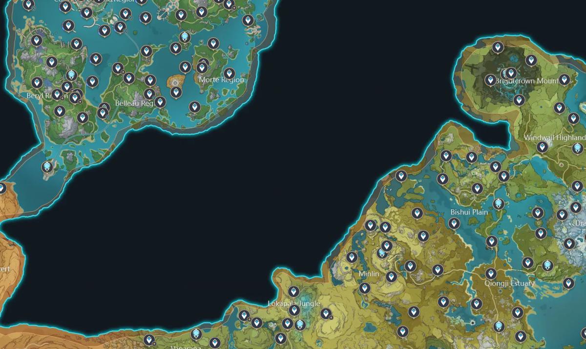 Genshin Impact map showing a blank area between Liyue and Fontaine.
